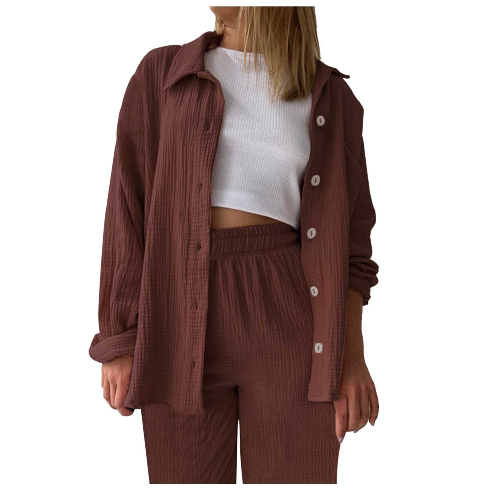 thumbnail image 1 of Conjunto de 2 piezas para mujer: pantalones anchos y blusa con cuello en V - Ropa informal con cintura elástica - Poliéster, S-XL, 1 of 5